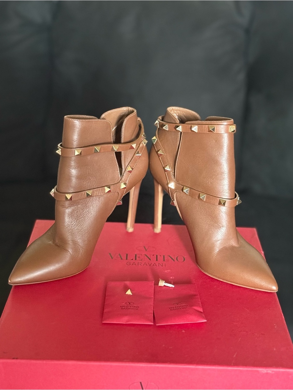Valentino Tan Leather Rockstud Ankle Boots